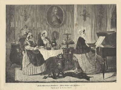 Kaffeeschwestern-Kleeblatt: "Mich fliehen alle Freuden ...". Holzstich um 1880 nach einem Gemälde von Bakker Korff